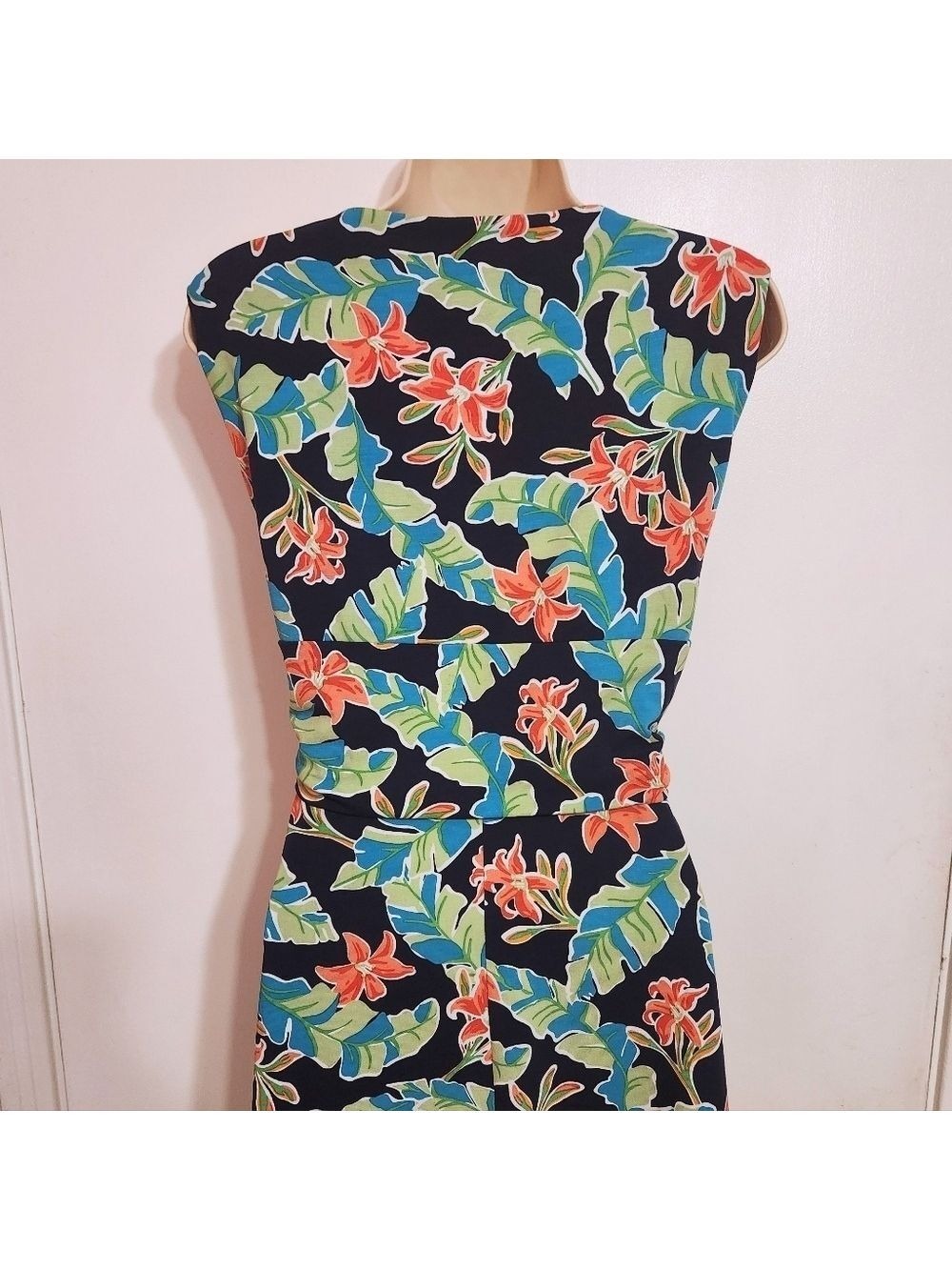 Lands End Green Black Floral Wrap A Line Dress Medium 10 12 - Picture 7 of 11